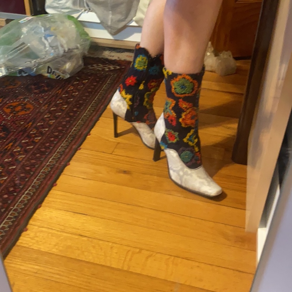 White Snake Python & Multicolor Tweed Ankle Boots - image 3